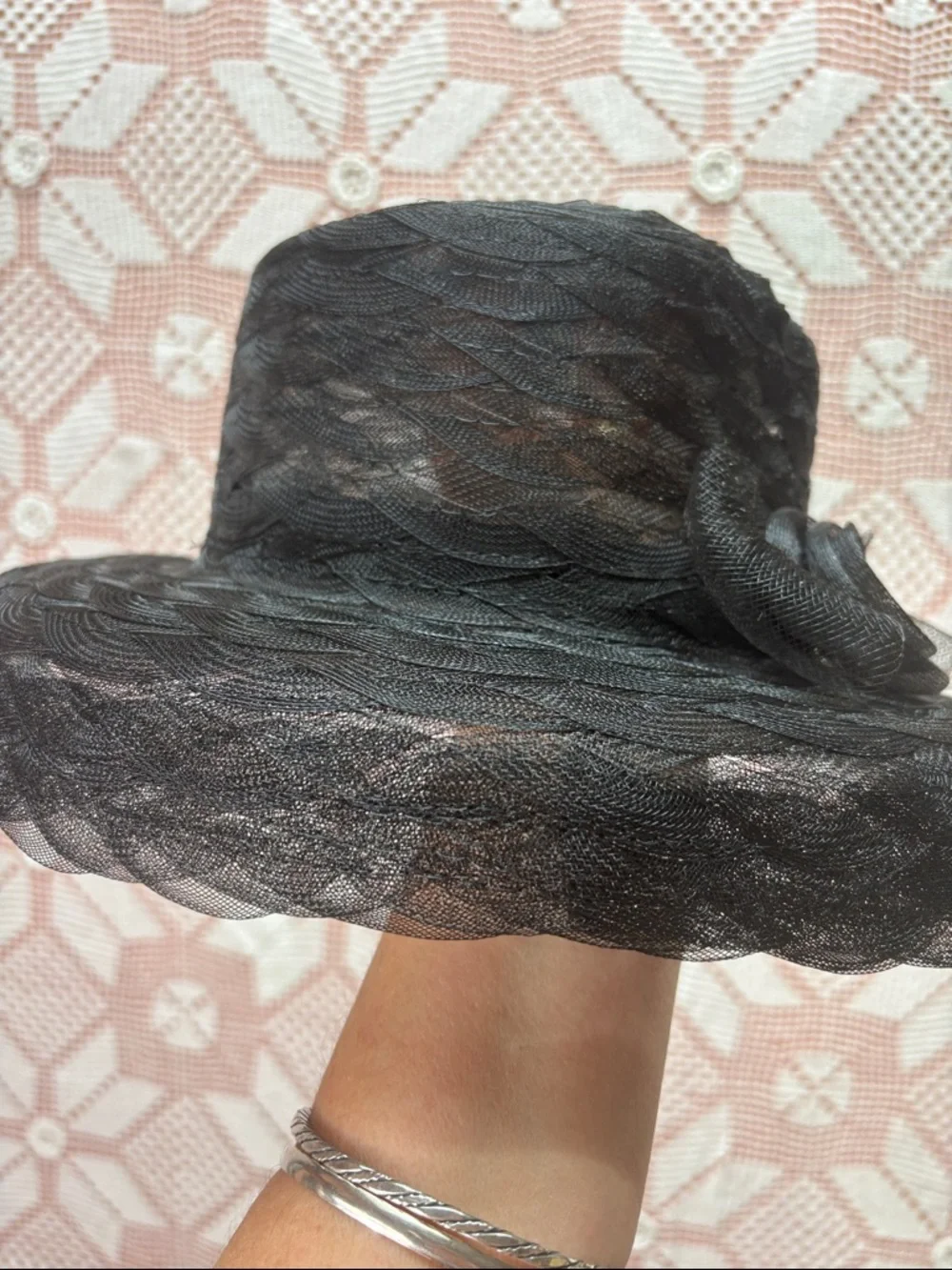 Black Sinamay Wide Brim Hat | Rosette Detail | Occasion - Picture 3 of 8